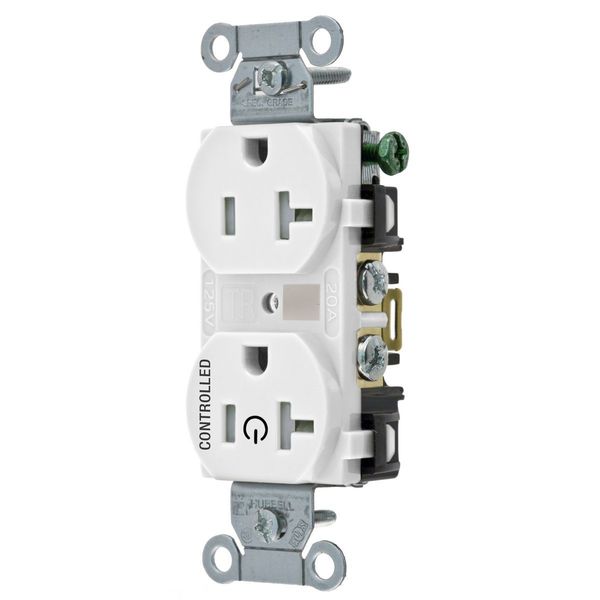 Hubbell Wiring Device-Kellems Straight Blade Devices, Receptacles, Duplex, 1/2 Load Controlled, 20A 125V, 2-Pole 3-Wire Grounding, 5-20R, Back and Side Wired, White BR20C1WHITR